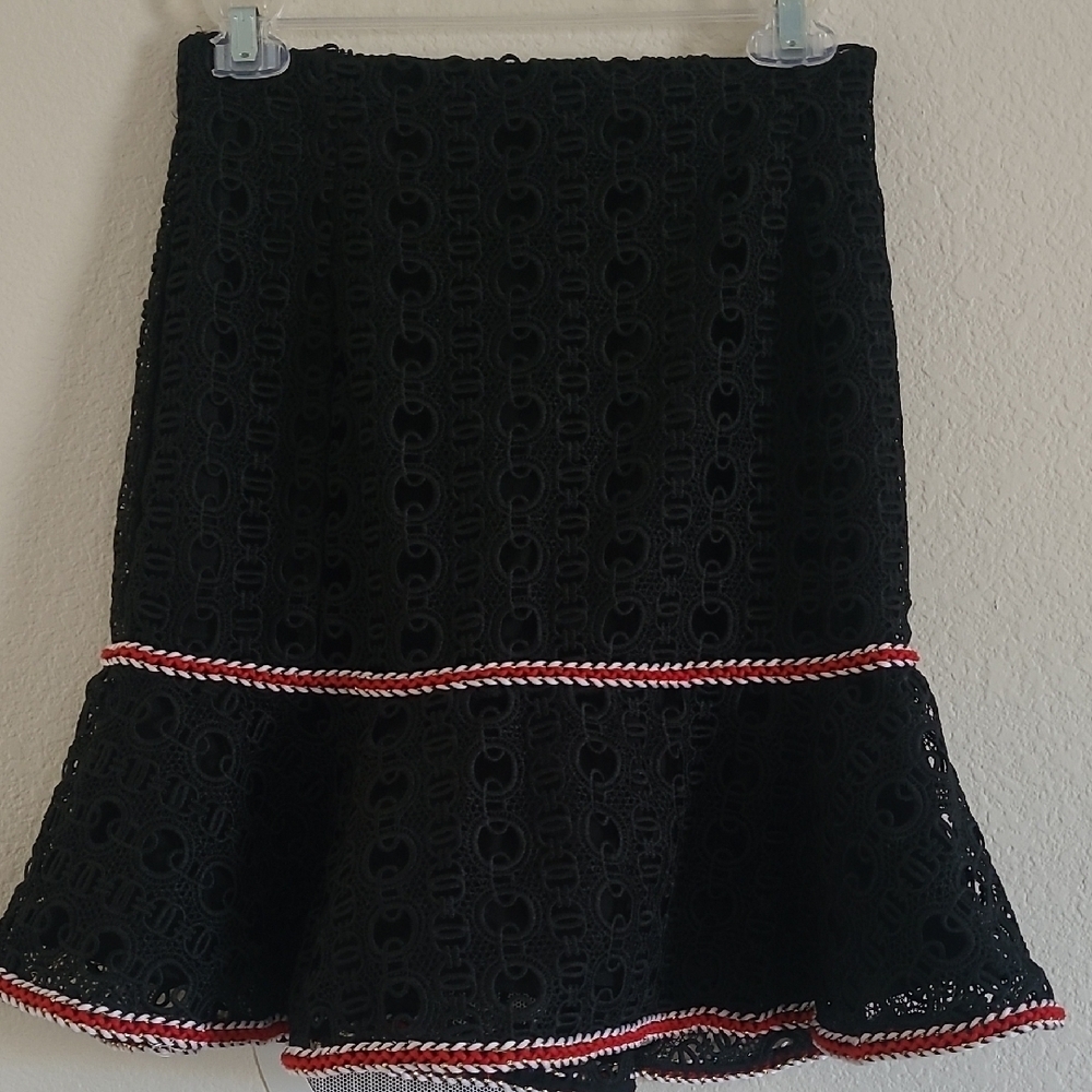 Sandro Paris Richard Chain Link Black Eyelet Elegant Lace Skirt Red Trim Size 1 - Picture 3 of 10